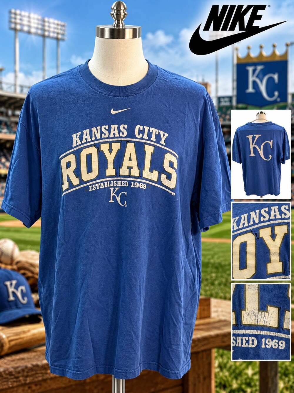 Vintage Nike Kansas City Royals MLB Baseball Blue Graphic T-Shirt Large L